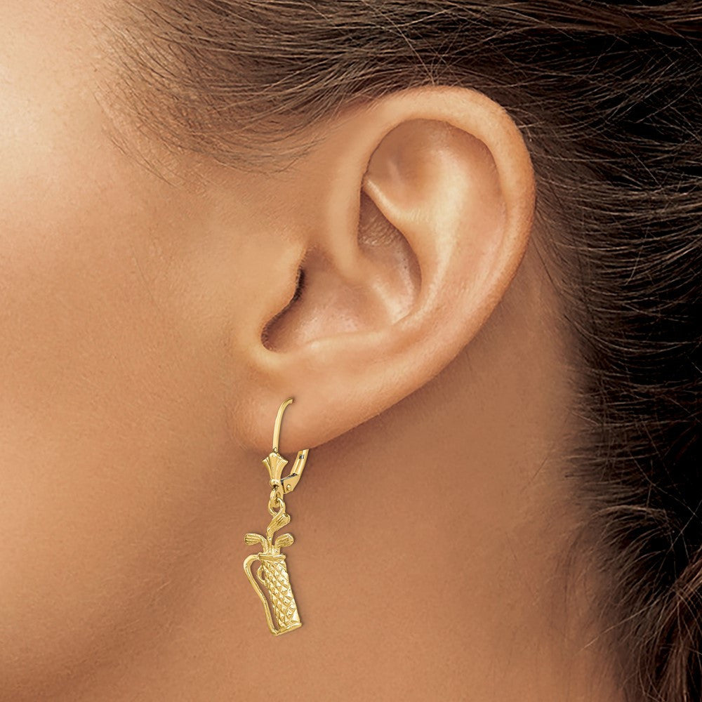 14k Yellow Gold Textured Golf Bag Leverback Drop & Dangle Earrings