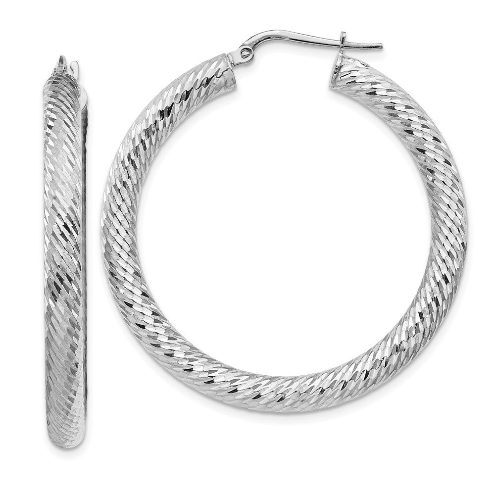 14k White Gold Diamond-cut Round Hoop Earrings