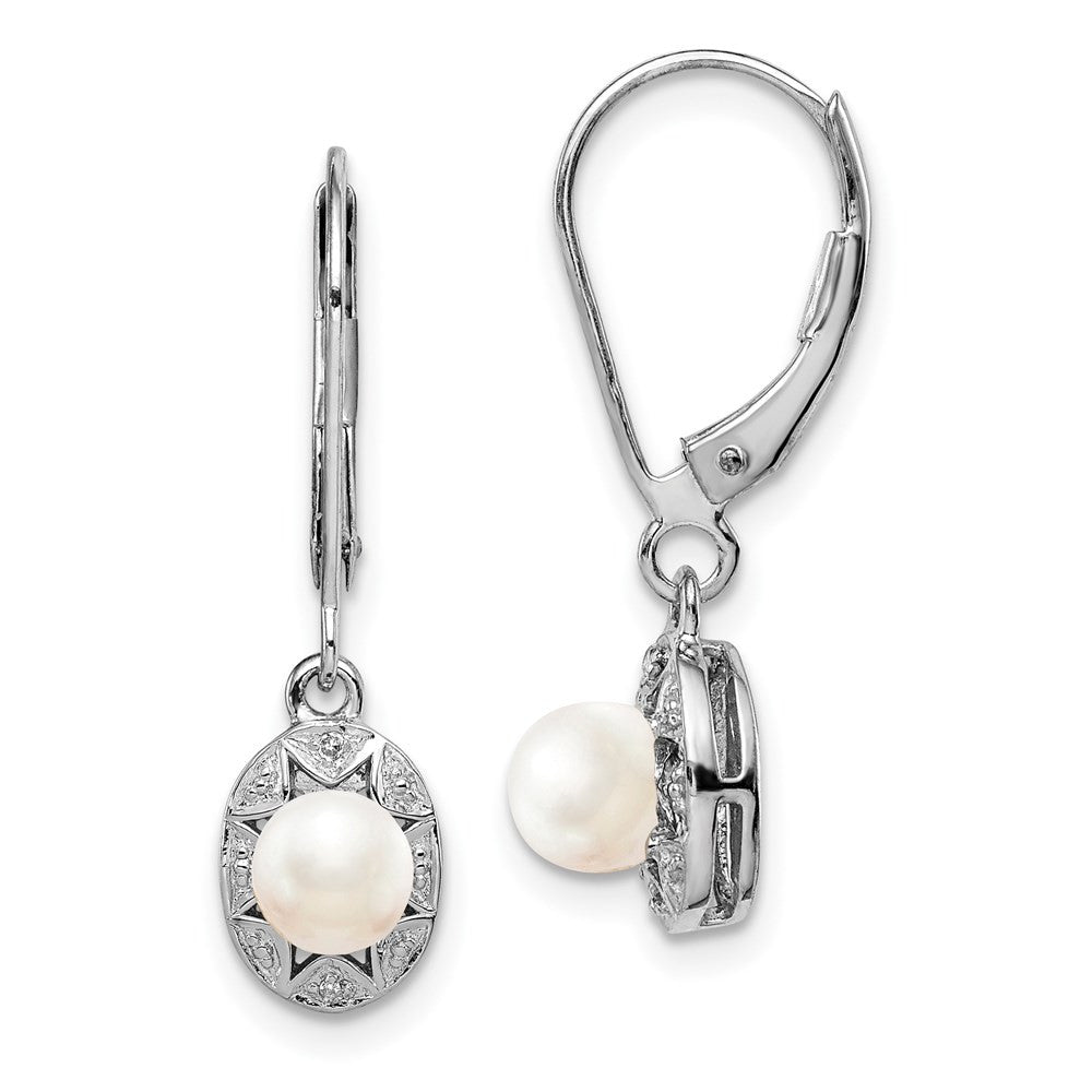 Sterling Silver Rhodium-plated Diam. & FW Cultured Pearl Dangle Earrings
