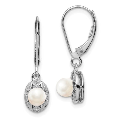 Sterling Silver Rhodium-plated Diam. & FW Cultured Pearl Dangle Earrings