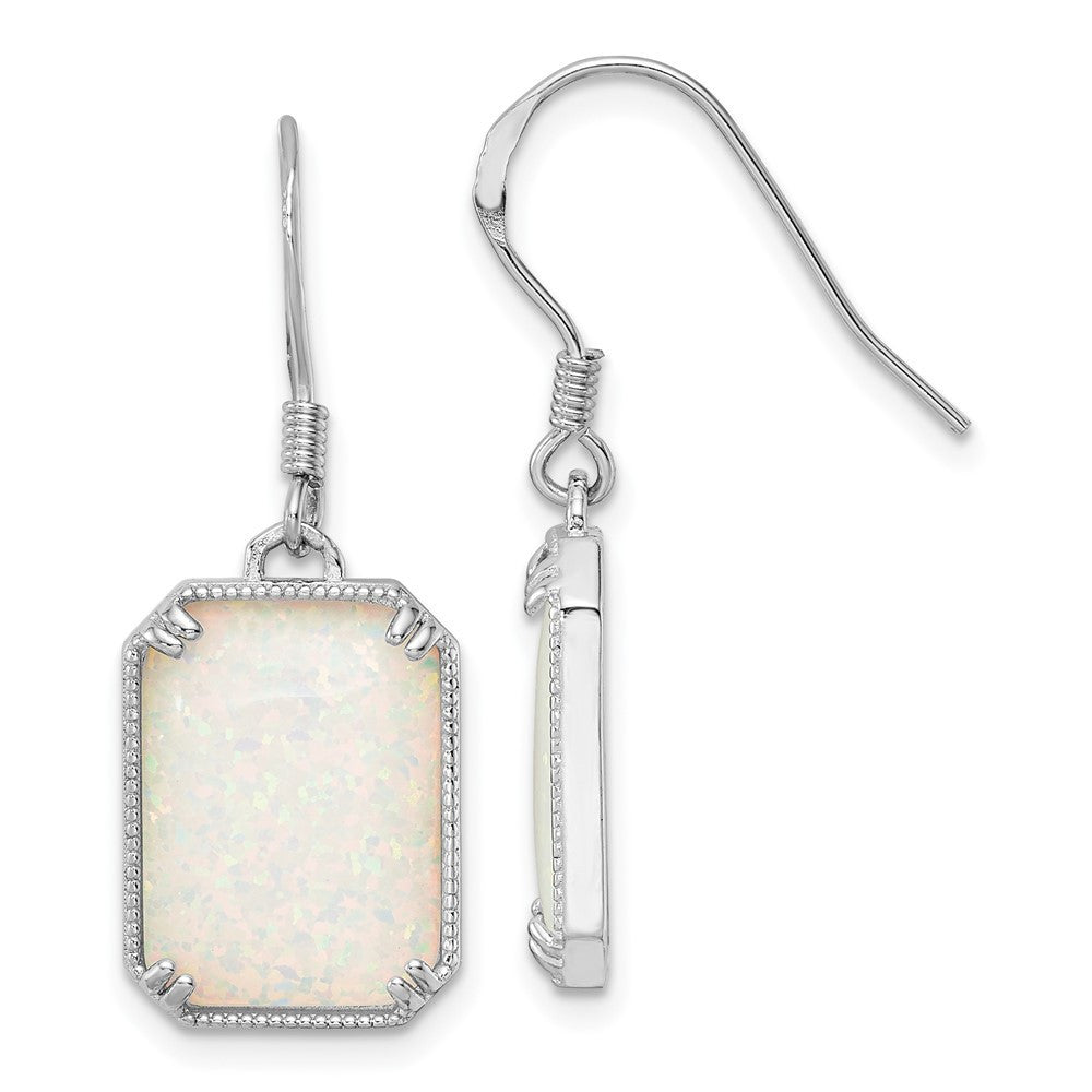Sterling Silver RH-plated White Created Opal Beaded Border Dangle Earrings