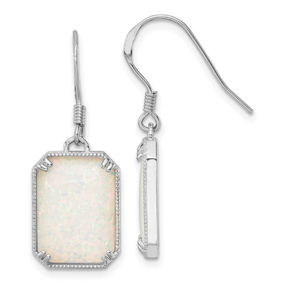 Sterling Silver RH-plated White Created Opal Beaded Border Dangle Earrings