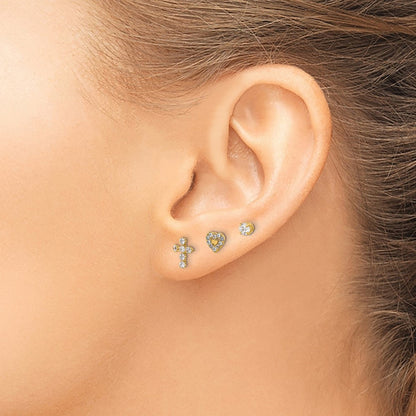 14k Yellow Gold Polished CZ Cross Heart and Earring Set