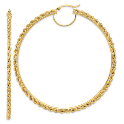 14k Yellow Gold Polished and D/C Rope 2.95mm Hoop Earrings