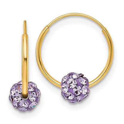 14k Yellow Gold Polished Lavender Crystal and Resin Bead Endless Hoop Earrings