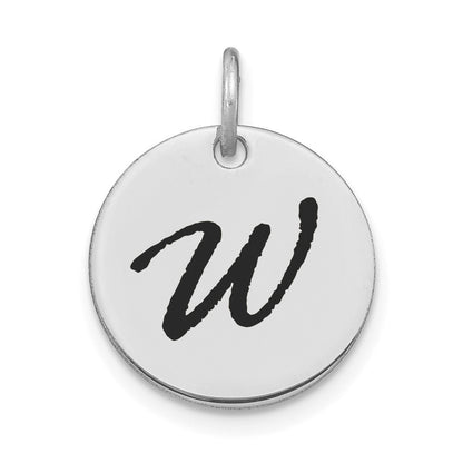 14k White Gold Polished Black Enamel Letter W Initial Disk Charm Pendant