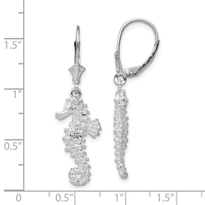 Sterling Silver Rhodium-Plated Polished 3D Seahorse Leverback Dangle Earrings
