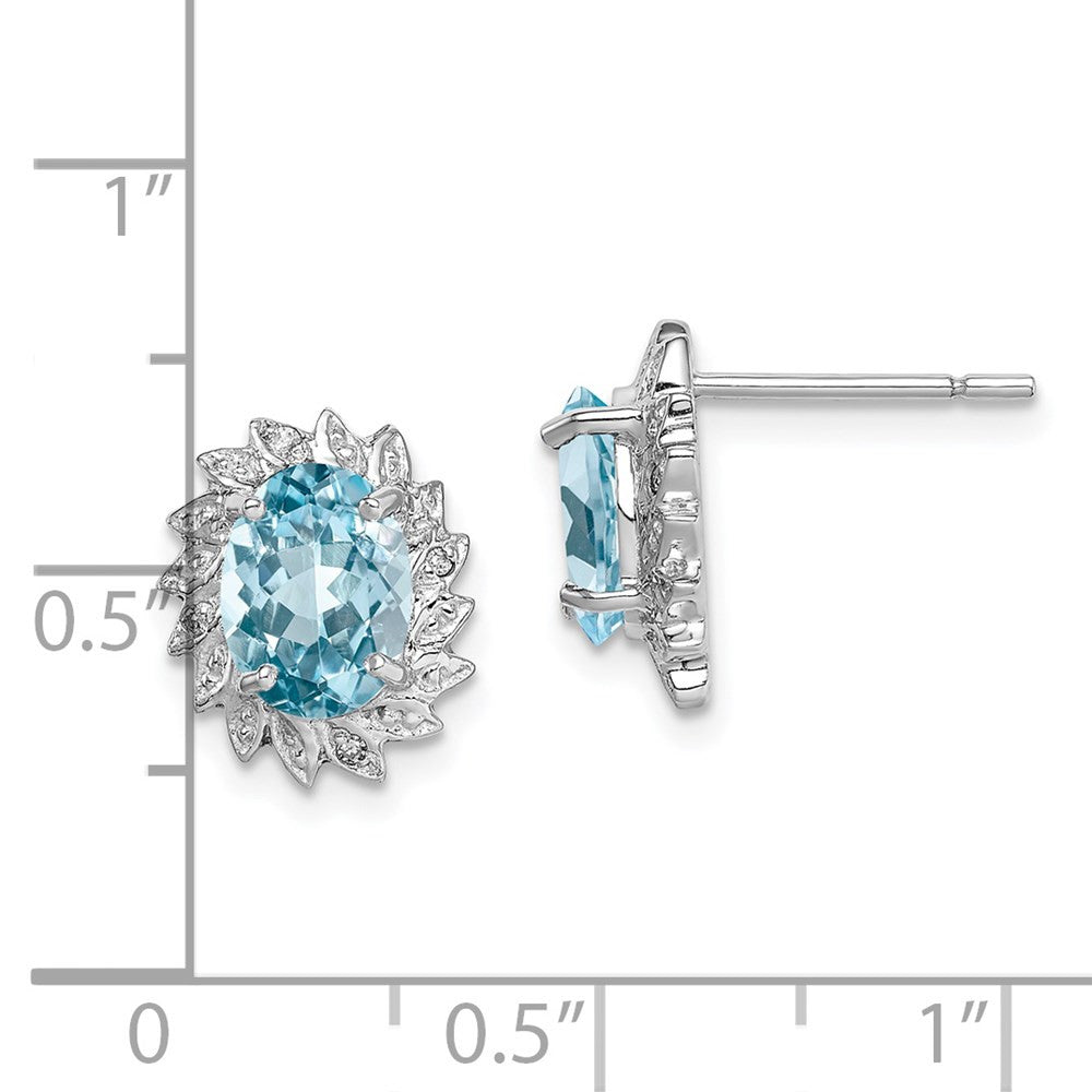 Sterling Silver Rhodium Plated Blue Topaz and Diamond Button Stud Earrings