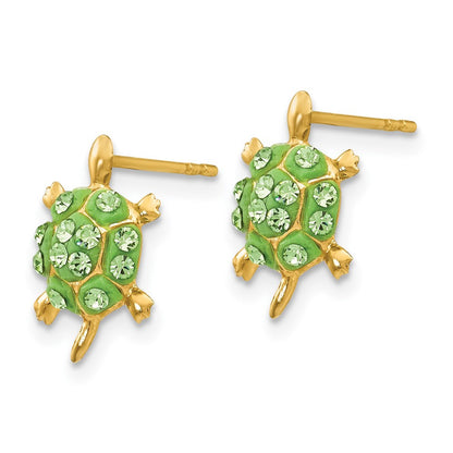 14k Yellow Gold Light Green Crystal Turtle Stud Earrings