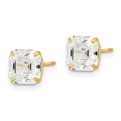 14k Yellow Gold Polished 7x7 Asscher Cut Cubic Zirconia Studs Earrings
