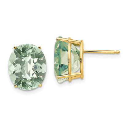 14k Yellow Gold 12x10 Oval Checker-Cut Green Quartz Stud Earrings
