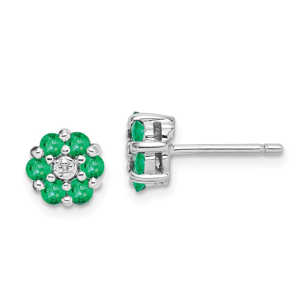 Sterling Silver Rhodium Emerald & Diamond Button Stud Earrings