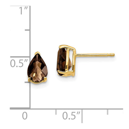 14k Yellow Gold 7x5 Pear Checker-Cut Smoky Quartz Stud Earrings