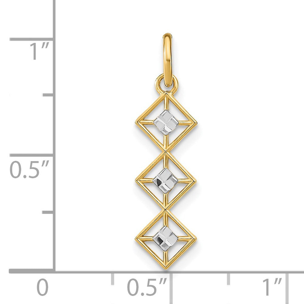 14k Yellow Gold Rhodium and Diamond-Cut 3 Diamond Shapes Charm Pendant