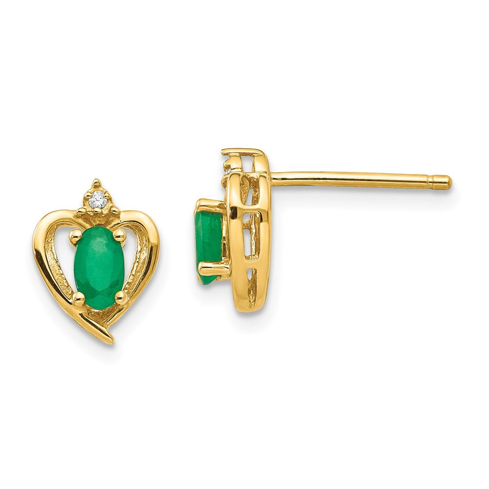 14k Yellow Gold Emerald and Diamond Heart Stud Earrings