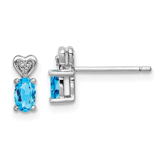 Sterling Silver Rhodium-plated Light Swiss Blue Topaz & Diamond Stud Earrings