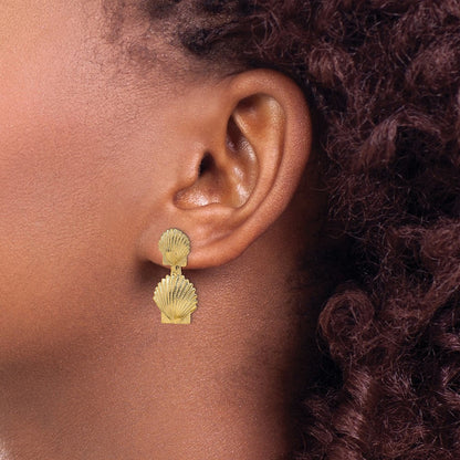 14k Yellow Gold Double Scallop Shell Drop & Dangle Earrings