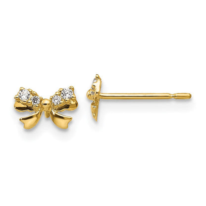 14k Yellow Gold CZ Children's Bow Button Stud Earrings