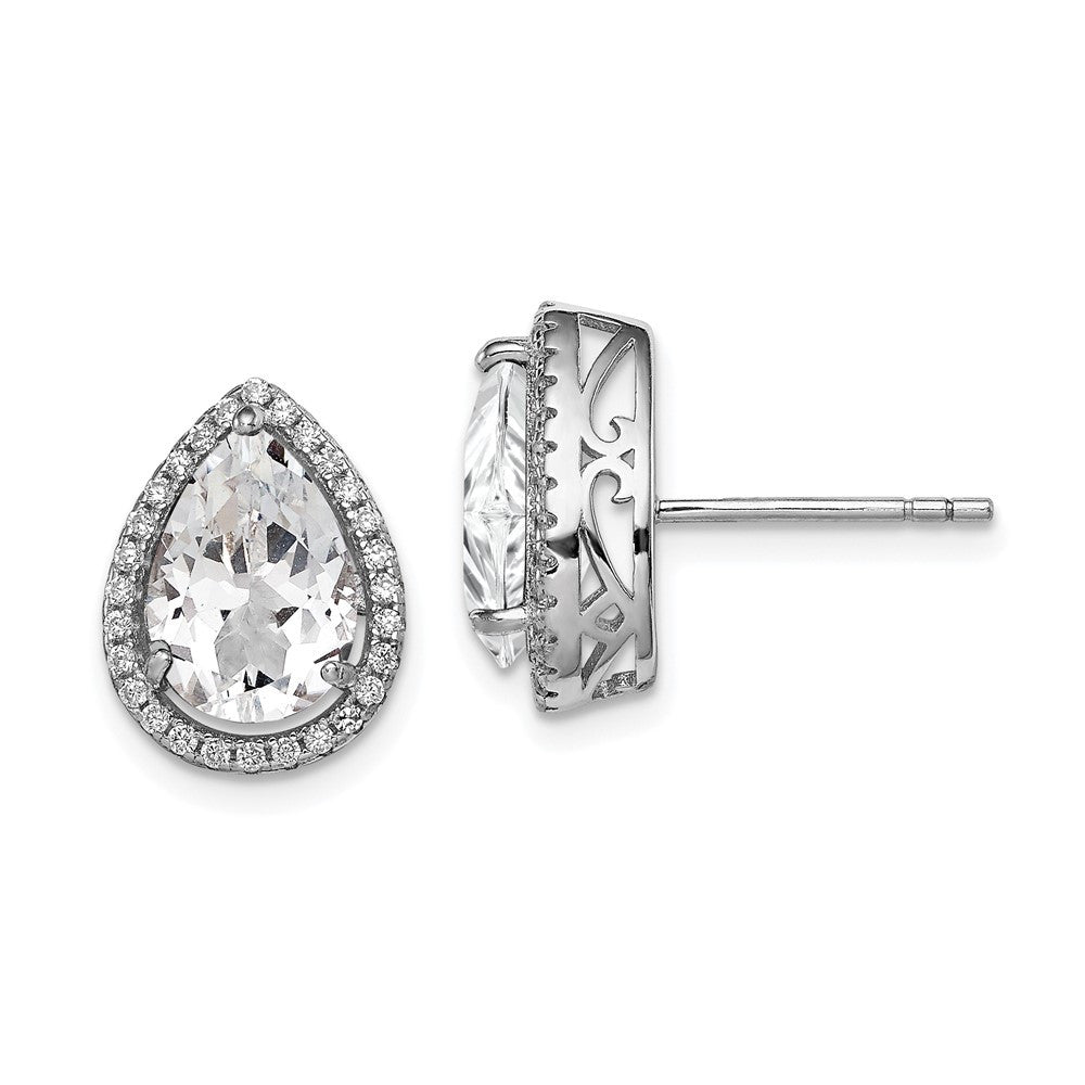 Sterling Silver Rhodium Created White Topaz & CZ Button Stud Earrings