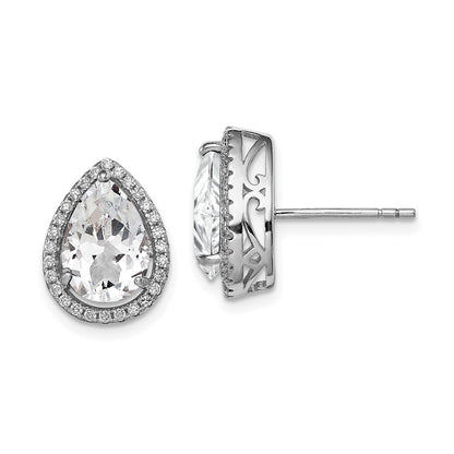 Sterling Silver Rhodium Created White Topaz & CZ Button Stud Earrings