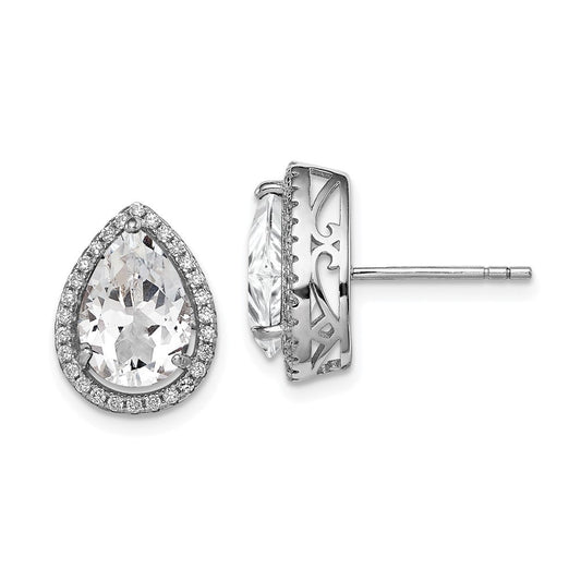 Sterling Silver Rhodium Created White Topaz & CZ Button Stud Earrings