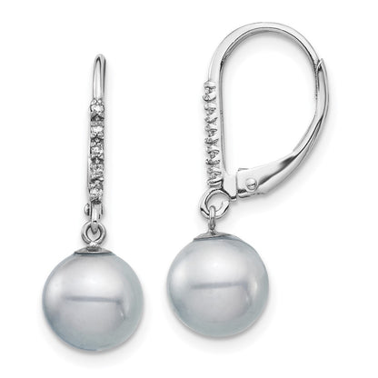 14k Gold 8-9mm Grey Freshwater Cultured Pearl and Diamond Dangle Earrings