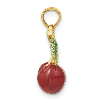 14k Yellow Gold 3-D Enamel Cherries Leaf Charm Pendant