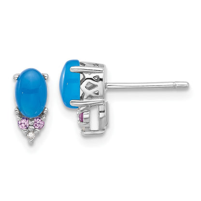 Sterling Silver Rh-plate Blue Onyx .08 Cr.Pink Sapphire/Dia. Stud Earrings