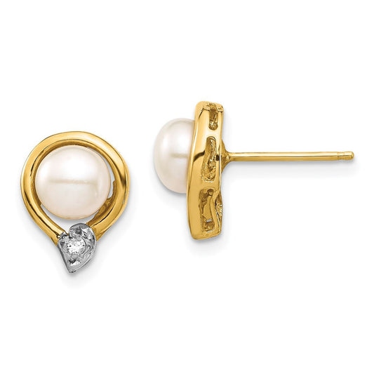 14k Yellow Gold 5-6mm Button Freshwater Cultured Pearl & Diamond Stud Earrings