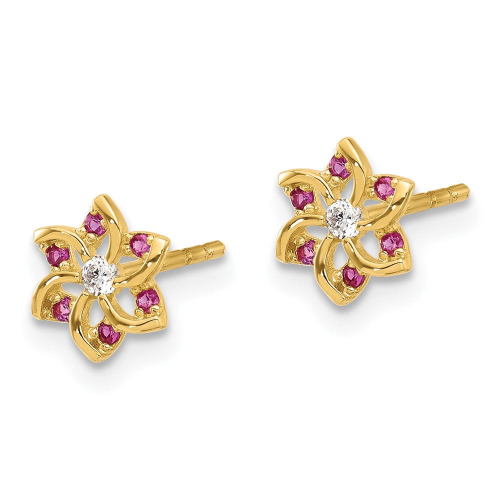 14k Yellow Gold Polished Red and White CZ Flower Button Stud Earrings