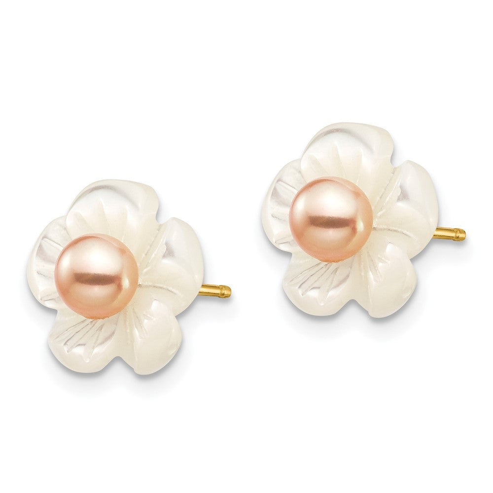 14k Yellow Gold 4mm Pink Cultured Pearl & Mother of Pearl Flower Stud Earrings
