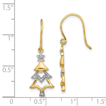 14k Yellow Gold and Rhodium Diamond Christmas Tree Dangle Earrings