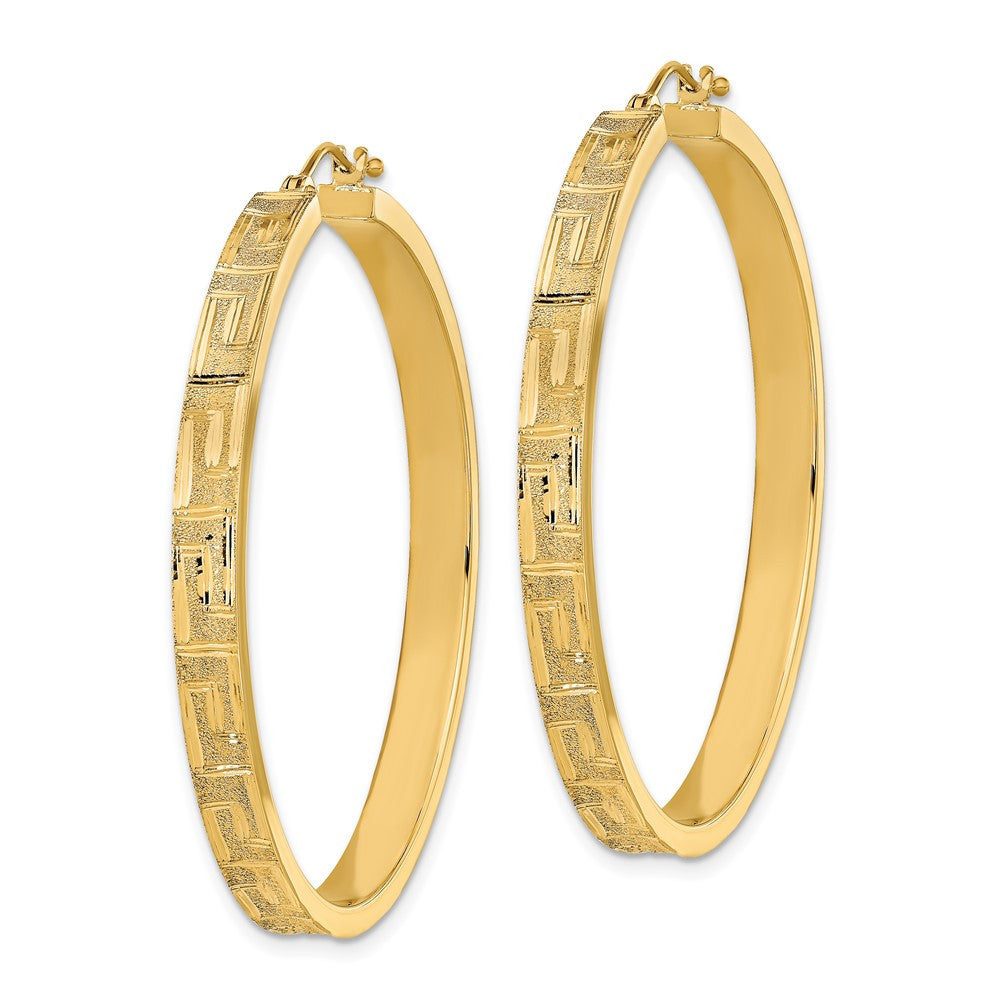 14k Yellow Gold Polished and Satin Greek Pattern Hoop Earrings