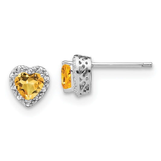 Sterling Silver Rhodium-plated Citrine and Diamond Button Stud Earrings