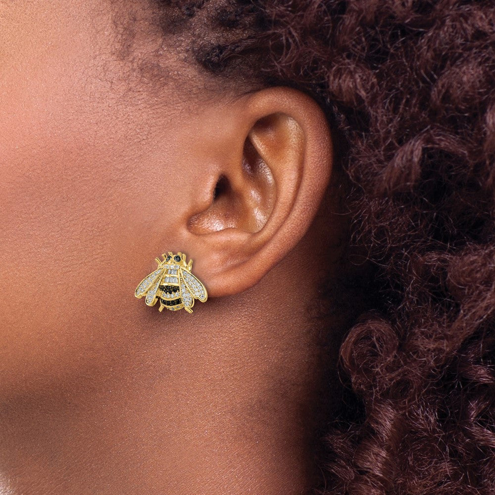 Sterling Silver Blk/White RH-plated Gold Tone CZ Bumblebee Button Stud Earrings