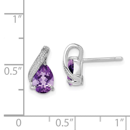 Sterling Silver Rhodium Plated Diamond and Amethyst Button Stud Earrings