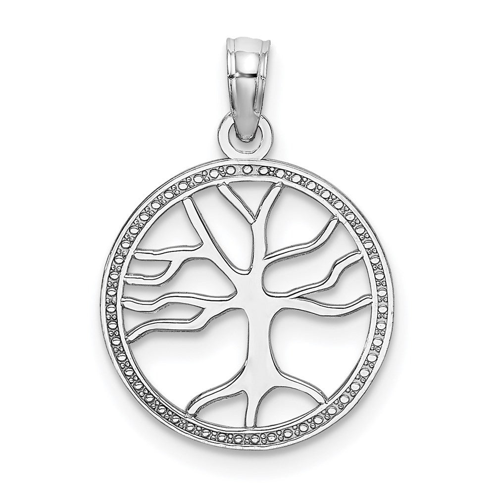 14k White Gold Small Tree of Life In Round Frame Charm Pendant