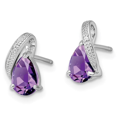 Sterling Silver Rhodium Plated Diamond and Amethyst Button Stud Earrings