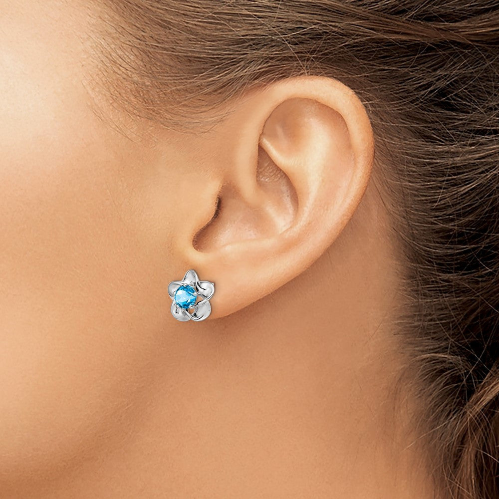 Sterling Silver Rhodium-plated Floral Blue Topaz Button Stud Earrings