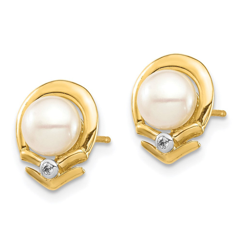 14k Yellow Gold 5-6mm Button Freshwater Cultured Pearl & Diamond Stud Earrings