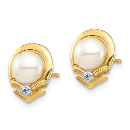 14k Yellow Gold 5-6mm Button Freshwater Cultured Pearl & Diamond Stud Earrings