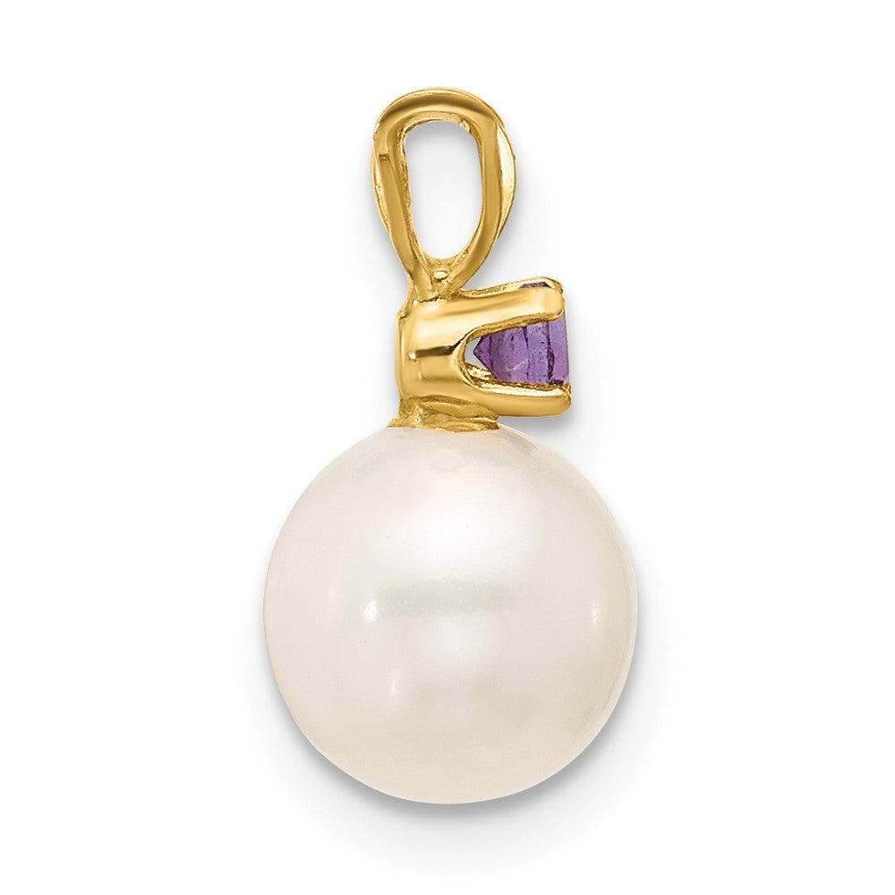 14k Yellow Gold 7mm Round Freshwater Cultured Pearl and .07AM Amethyst Pendant