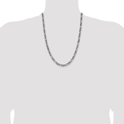 Sterling Silver Antiqued 5.5mm Figaro Chain Necklace 24"