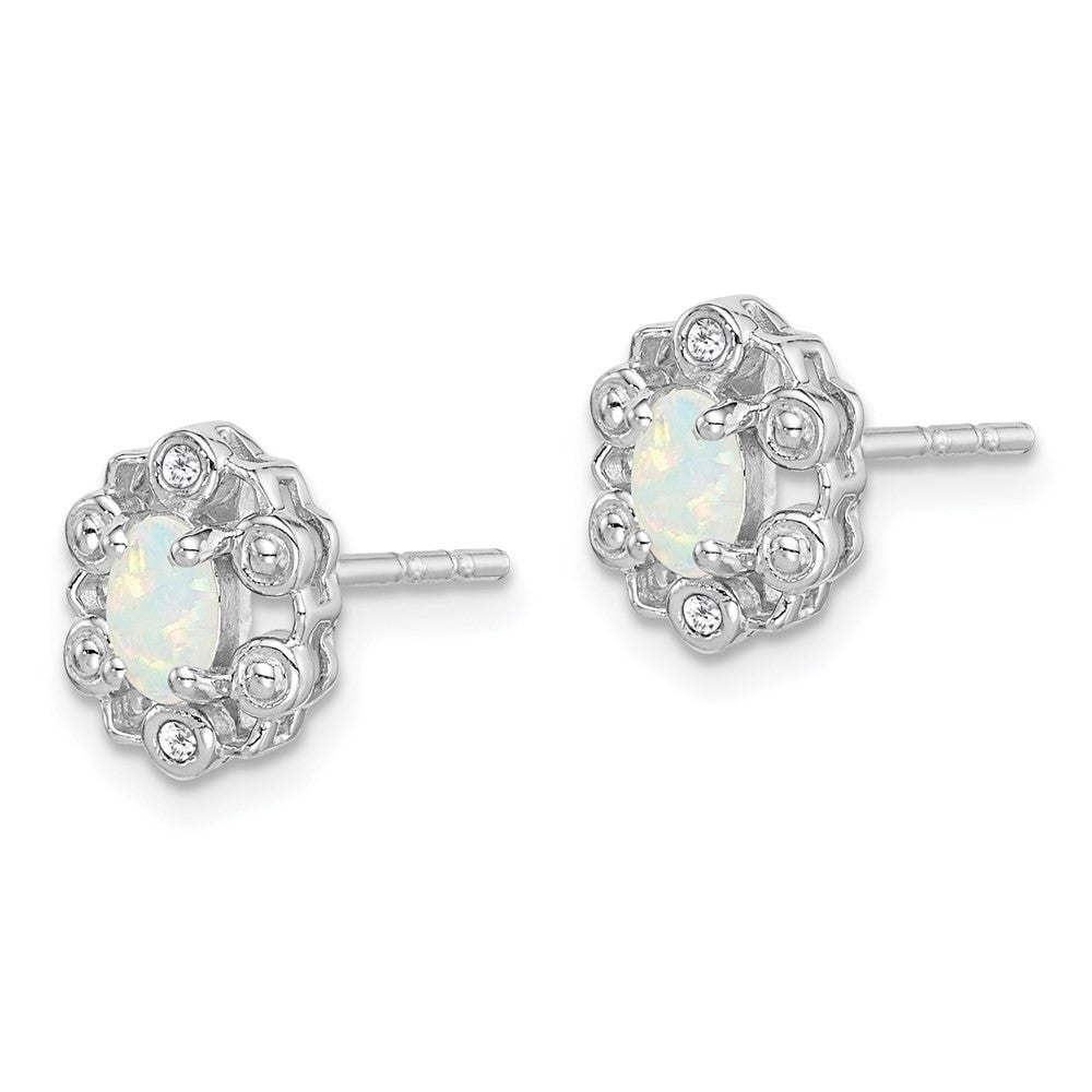 Sterling Silver Rhodium-plated Created Opal & Diam. Button Stud Earrings
