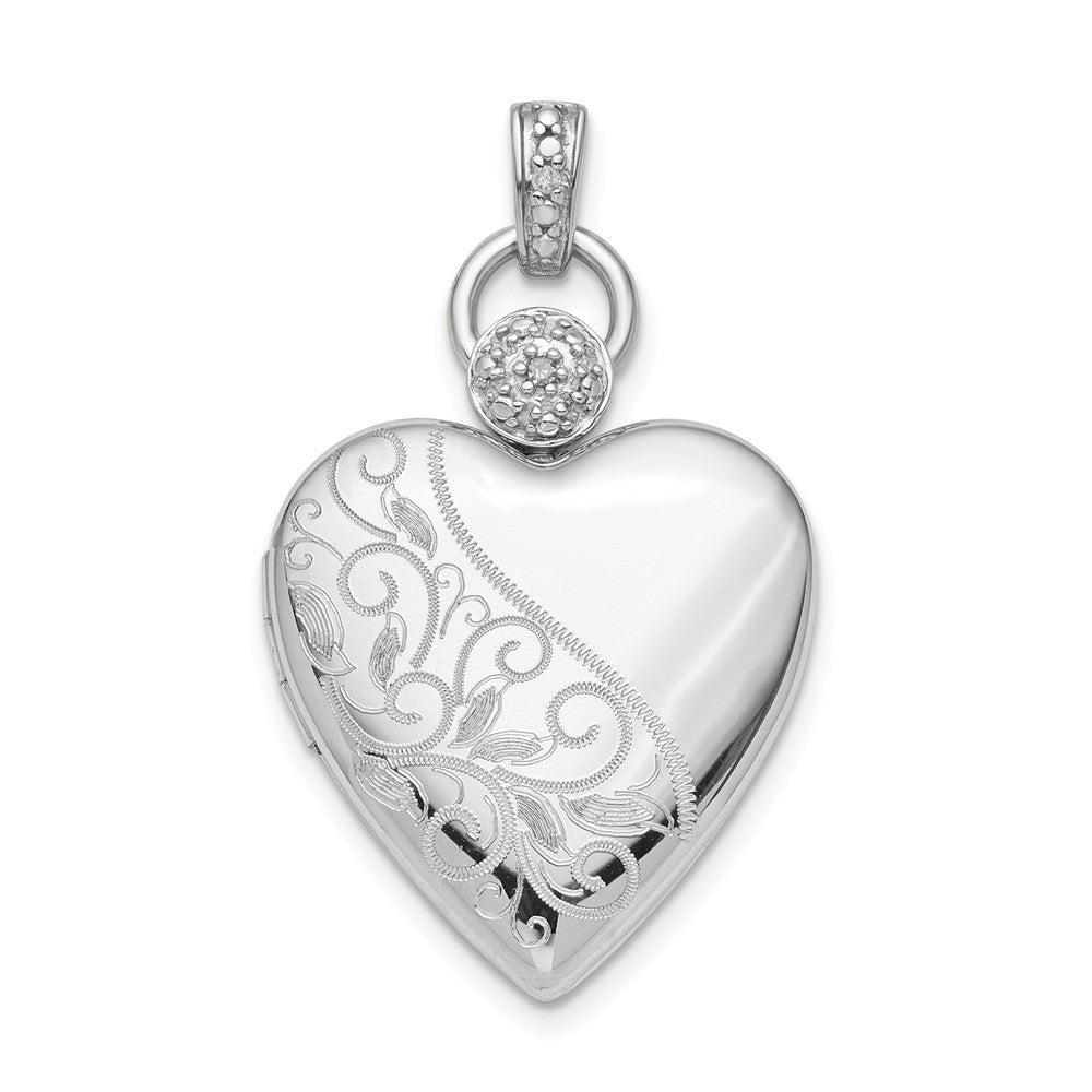 Sterling Silver Rhodium-plated 21mm Heart Dia. Accent Diamond-Cut Satin Locket