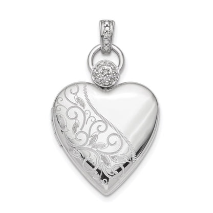 Sterling Silver Rhodium-plated 21mm Heart Dia. Accent Diamond-Cut Satin Locket