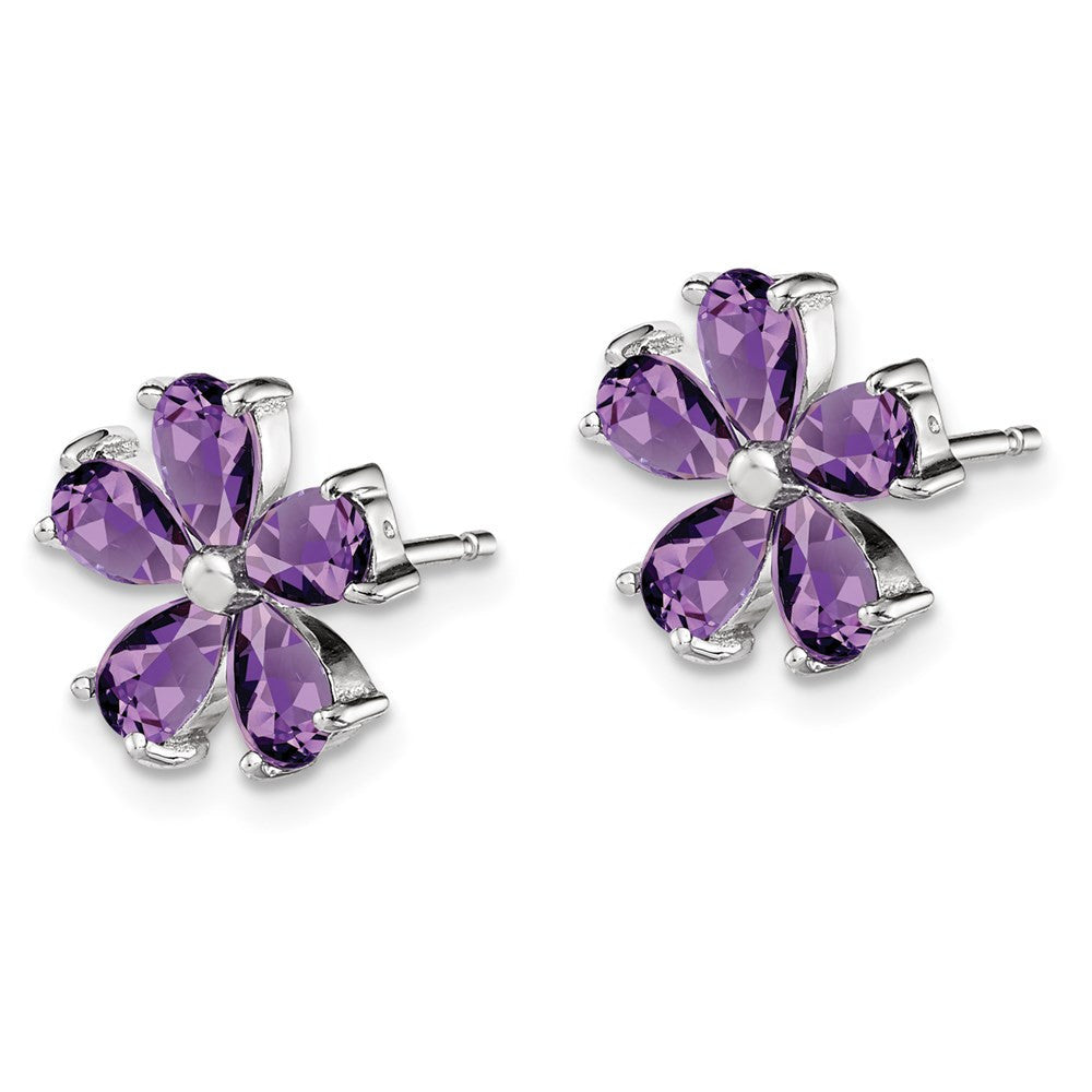 Sterling Silver Rhodium Plated Amethyst Floral Button Stud Earrings