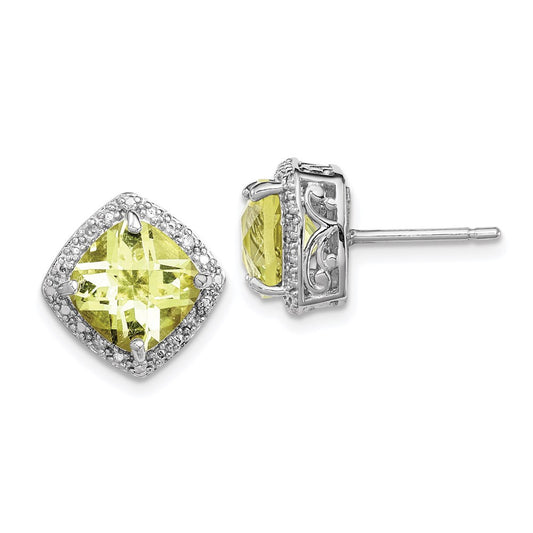 Sterling Silver Rhodium-plated Lemon Quartz and Diamond Button Stud Earrings