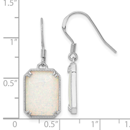 Sterling Silver RH-plated White Created Opal Beaded Border Dangle Earrings