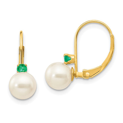 14k Yellow Gold 6-6.5mm Round Cultured Pearl Emerald Drop & Dangle Earrings